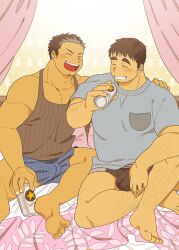 Rule 34 | 2boys, ^ ^, arm hair, bara, beer can, black male underwear, black tank top, blue male underwear, blush, boxer briefs, boxers, bulge, can, closed eyes, couple, dark-skinned male, dark skin, dn dn, furrowed brow, goatee stubble, hand on another&#039;s shoulder, laughing, leg hair, looking at viewer, male focus, male underwear, multicolored hair, multiple boys, no pants, on bed, original, otoko matsuri, pectoral cleavage, pectorals, short hair, sideburns, sideburns stubble, sitting, smile, streaked hair, striped tank top, tank top, thick eyebrows, thighs, toned, toned male, underwear