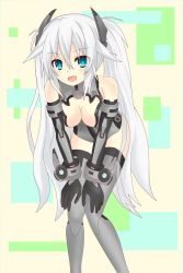 Rule 34 | 10s, 1girl, :d, alternate costume, bare shoulders, bent over, black heart (neptunia), blue eyes, blush, breasts, cleavage, cleavage cutout, clothing cutout, female focus, gloves, grey thighhighs, hair between eyes, hair ornament, halterneck, hands on thighs, happy, highres, kami jigen game neptune v, langley1000, leotard, long hair, looking at viewer, magical girl, neptune (series), noire (neptunia), open mouth, power symbol, power symbol-shaped pupils, smile, solo, symbol-shaped pupils, thighhighs, turtleneck, twintails, vambraces, very long hair, white hair