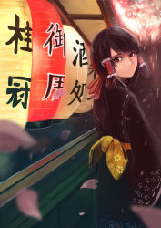 Rule 34 | 1girl, absurdres, alternate hairstyle, bad id, bad pixiv id, black hair, blurry, brown eyes, cherry blossoms, depth of field, female focus, fireworks, floral print, flower, hair ornament, hair ribbon, hair tubes, hakurei reimu, highres, japanese clothes, kimono, lantern, light, long hair, looking at viewer, looking back, obi, parted lips, petals, red eyes, ribbon, sash, sola7764, solo, touhou, traditional clothes
