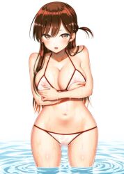 Rule 34 | 1girl, bare shoulders, bikini, blur censor, blush, braid, breasts, brown eyes, brown hair, censored, cleavage, collarbone, covered erect nipples, cowboy shot, hands on own breasts, kanojo okarishimasu, large breasts, long hair, looking at viewer, mizuhara chizuru, navel, one side up, open mouth, partially submerged, simple background, solo, standing, string bikini, swimsuit, thigh gap, water, wet, wet clothes, wet swimsuit, white background, white bikini, yahiro pochi