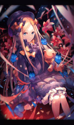 Rule 34 | 1girl, abigail williams (fate), blonde hair, blue eyes, blurry, bow, butterfly, depth of field, dress, fate/grand order, fate (series), flower, hair bow, hat, long hair, long sleeves, looking at viewer, orange bow, puffy sleeves, sitting, solo, stuffed animal, stuffed toy, teddy bear, very long hair, yunohito