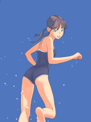Rule 34 | 1girl, ass, barefoot, blue eyes, brown hair, feet, female focus, flash tomo, from behind, long hair, looking back, one-piece swimsuit, open mouth, original, school swimsuit, smile, solo, swimsuit, twintails