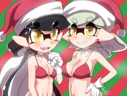 Rule 34 | 2girls, artist name, bikini, black hair, breasts, breath, callie (splatoon), christmas, cleavage, coat, commentary, cousins, cross-shaped pupils, dated, detached collar, earrings, fang, fangs, gloves, grey hair, hand on own hip, hat, holding, holding sack, inkling, jewelry, large breasts, long hair, looking at viewer, marie (splatoon), medium hair, mole, mole under eye, multiple girls, nintendo, open mouth, over shoulder, red bikini, red headwear, sack, santa hat, side-by-side, signature, small breasts, smile, splatoon (series), swept bangs, swimsuit, symbol-shaped pupils, twitter username, usa (dai9c carnival), white coat, white gloves, yellow eyes