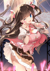 Rule 34 | 1girl, :d, agari raburi, bison cangshu, blue eyes, blurry, blurry foreground, bow, breasts, brown hair, brown skirt, clothes lift, collared shirt, cowboy shot, frilled skirt, frills, hair ribbon, heart, highres, holding, holding microphone, idol, large breasts, long hair, looking at viewer, microphone, miniskirt, nail polish, one eye closed, open mouth, pink nails, pink ribbon, pink scarf, plaid, plaid skirt, pleated skirt, project-sp, ribbon, scarf, shirt, short sleeves, skirt, skirt lift, smile, solo, standing, sticker, swept bangs, twintails, very long hair, virtual youtuber, white bow