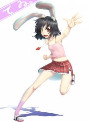 Rule 34 | 1girl, alternate costume, animal ears, bare shoulders, black hair, blush, carrot, carrot necklace, casual, character name, covered erect nipples, female focus, flat chest, inaba tewi, jewelry, midriff, mossari poteto, navel, necklace, pink socks, rabbit ears, red eyes, shoes, short hair, skirt, socks, solo, touhou