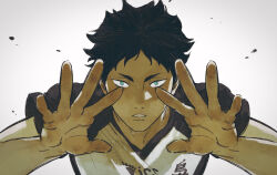 Rule 34 | 1boy, akaashi keiji, black hair, blue eyes, chengongzi123, commentary, english commentary, gradient background, grey background, haikyuu!!, hands up, highres, looking at viewer, male focus, shirt, short hair, short sleeves, simple background, sportswear, spread fingers, t-shirt, upper body, very short hair, volleyball uniform