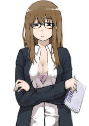 Rule 34 | 1girl, bad id, bad pixiv id, blue eyes, bra, breasts, brown hair, cleavage, face, frown, glasses, highres, large breasts, lingerie, long hair, maeda risou, mechanical pencil, notebook, open clothes, open shirt, original, pencil, shirt, simple background, solo, sweater, underwear, white background