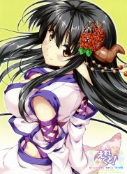Rule 34 | 1girl, arms behind back, black hair, breasts, brown eyes, cleavage, erect!, euphoria trinity, floral print, flower, from behind, hair flower, hair ornament, highres, horns, large breasts, long hair, looking at viewer, piromizu, pointy ears, scan, single horn, smile, solo