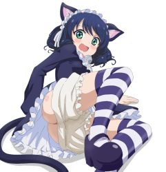 Rule 34 | 1girl, animal ears, ass, black footwear, black hair, bloomers, blush, cat ears, cat girl, cat tail, curly hair, cyan (show by rock!!), drill hair, fang, female focus, frills, gothic lolita, green eyes, hairband, lolita fashion, lolita hairband, looking at viewer, lying, maid headdress, on side, open mouth, petticoat, platform footwear, ringlets, show by rock!!, simple background, sincos, solo, striped clothes, striped thighhighs, tail, thighhighs, underwear, white background, white bloomers