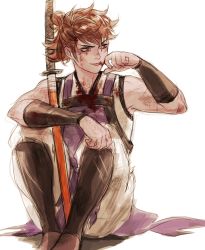 Rule 34 | 1boy, blood, brown eyes, brown hair, fire emblem, fire emblem fates, highres, hinata (fire emblem), katana, male focus, nintendo, ponytail, scar, simple background, sinnygoto, sitting, solo, sword, weapon, white background