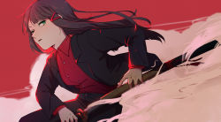 Rule 34 | 1girl, black hair, black jacket, black pants, collared shirt, commentary, drawing sword, dress shirt, dust cloud, formal, from side, green eyes, hair ornament, hairclip, highres, holding, holding sword, holding weapon, jacket, katana, kurosawa dia, long hair, long sleeves, looking at viewer, looking to the side, love live!, love live! sunshine!!, mole, mole under mouth, natsuyiro x, pants, parted lips, red background, red shirt, shirt, simple background, solo, suit, suit jacket, sword, weapon