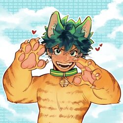 Rule 34 | 1boy, animal ears, animal hands, bell, boku no hero academia, cat boy, cat ears, claws, collar, commentary, english commentary, freckles, furrification, furry, furry male, green collar, green eyes, green hair, habkart, hair between eyes, hands up, heart, highres, looking at viewer, male focus, midoriya izuku, neck bell, open mouth, orange fur, pawpads, short hair, smile, solo, teeth, upper body