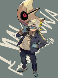 Rule 34 | 1boy, alternate costume, black pants, blue gloves, character name, closed mouth, collared shirt, commentary request, creatures (company), game freak, gen 3 pokemon, gloves, gordie (pokemon), grey background, hand on own hip, hand up, highres, jacket, long sleeves, lunatone, male focus, medium hair, multicolored hair, natsuko (summer 525528), nintendo, nut (hardware), object through head, open clothes, open jacket, pants, pokemon, pokemon (creature), pokemon swsh, screw in head, shirt, shoes, standing, two-tone hair, visor