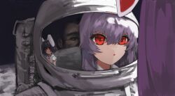 1boy 2girls :o animal_ears astronaut black_hair commentary floppy_ears highres inaba_tewi lab2linch multiple_girls open_mouth outdoors purple_hair rabbit_ears rabbit_girl red_eyes reflection reisen_udongein_inaba short_hair touhou upper_body