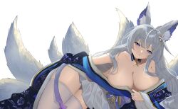 Rule 34 | 1girl, animal ear fluff, animal ears, azur lane, bare shoulders, blue collar, blue kimono, breasts, cleavage, collar, commentary, fox ears, fox girl, fox tail, gold trim, grey hair, highres, japanese clothes, kenkenkenjaa, kimono, kitsune, kyuubi, large breasts, large tail, long hair, long sleeves, looking at viewer, lying, miniskirt, multiple tails, on side, pleated skirt, pulled by self, purple eyes, shinano (azur lane), simple background, skirt, solo, tail, thighhighs, very long hair, white background, white skirt, white tail, white thighhighs, wide sleeves, zettai ryouiki