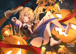 Rule 34 | 1girl, barefoot, blonde hair, candle, demon wings, eyepatch, feet, fischl (genshin impact), genshin impact, green eyes, halloween, jack-o&#039;-lantern, light blush, long hair, open mouth, soles, sydus, toes, twintails, wings