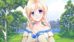 Rule 34 | 1girl, arms up, blonde hair, blue eyes, blue sky, blush, braid, breasts, cloud, day, detached sleeves, dress, everlasting summer, grass, head tilt, highres, lake, light blush, long hair, long sleeves, looking at viewer, medium breasts, orika nekoi, outdoors, own hands together, parted lips, sky, slavya-chan, smile, solo, strapless, strapless dress, tree, twin braids, upper body