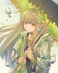 Rule 34 | 1girl, arknights, black choker, black skirt, breasts, brown eyes, choker, clipboard, coat, collarbone, dress, elf, fingernails, green hair, green shirt, green sleeves, grey hair, hair ornament, highres, holding, holding umbrella, id card, infection monitor (arknights), lab coat, long sleeves, looking at viewer, mole, mole under eye, muelsyse (arknights), open clothes, open coat, pointy ears, rhine lab logo, shirt, simple background, skirt, small breasts, smile, solo, umbrella, user xgkv5753, water, white coat, white dress