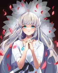 Rule 34 | 1girl, blue eyes, dress, ender lilies quietus of the knights, expressionless, flower, grey hair, highres, jewelry, lily (ender lilies), long hair, looking at viewer, lotus, necklace, own hands clasped, own hands together, parted lips, pendant, petals, punipunimeron1, solo, upper body, white dress, white flower