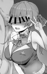 Rule 34 | 1boy, 1girl, :d, bar censor, blush, breasts, censored, cleavage, clothed female nude male, commentary request, erection, greyscale, hair ribbon, heart, hetero, highres, hololive, houshou marine, houshou marine (1st costume), large breasts, leotard, leotard under clothes, long hair, monochrome, navel, nose blush, nude, open mouth, oumi (rsag), penis, penis on face, penis over eyes, ribbon, see-through, see-through cleavage, see-through leotard, smile, sweat, testicles, twintails, v, veins, veiny penis, virtual youtuber