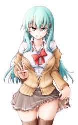 Rule 34 | 1girl, aqua eyes, aqua hair, bow, bowtie, brown skirt, brown thighhighs, cardigan, cowboy shot, hair ornament, hairclip, highres, kantai collection, long hair, long sleeves, looking at viewer, meihemu, off shoulder, open cardigan, open clothes, pleated skirt, red bow, red bowtie, school uniform, simple background, skirt, solo, suzuya (kancolle), thighhighs, white background