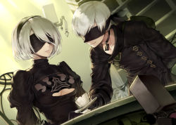Rule 34 | 1boy, 1girl, bad id, bad pixiv id, black dress, black gloves, black hairband, blindfold, carchet, choker, closed mouth, collar, commentary, couple, covered eyes, cup, dress, food, gloves, hairband, mole, mole under mouth, nier (series), nier:automata, open mouth, short hair, smile, teacup, white hair, 2b (nier:automata), 9s (nier:automata)