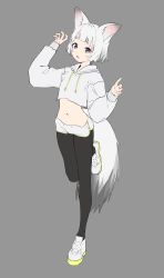 Rule 34 | 1girl, absurdres, animal ears, arm up, black pantyhose, blue eyes, copyright request, crop top, drawstring, full body, grey background, hand up, highres, hood, hood down, hoodie, pantyhose under shorts, long sleeves, midriff, navel, pantyhose, puffy long sleeves, puffy sleeves, shoes, short eyebrows, short shorts, shorts, simple background, sleeves past wrists, solo, standing, standing on one leg, syhan, tail, thick eyebrows, white footwear, white hair, white hoodie, white shorts