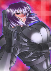 Rule 34 | 1girl, bodysuit, breasts, cleavage, fingerless gloves, ghost in the shell, ghost in the shell stand alone complex, gloves, gun, hamon ai, kusanagi motoko, large breasts, lowres, purple hair, red eyes, short hair, solo, tomboy, weapon