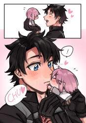 Rule 34 | !, 1boy, 1girl, absurdres, amami tokko, black gloves, black hair, black jacket, blue hair, blush, chibi, closed eyes, command spell, commentary request, fate/grand order, fate (series), fujimaru ritsuka (male), fujimaru ritsuka (male) (polar chaldea uniform), glasses, gloves, grey jacket, hetero, highres, in palm, jacket, kiss, mash kyrielight, mini person, minigirl, multicolored clothes, multicolored jacket, pink hair, short hair, size difference, two-tone jacket, uniform, white jacket