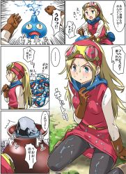 Rule 34 | 1girl, :o, belt, black pantyhose, blonde hair, blue eyes, blush, boots, breasts, brown belt, brown footwear, brown gloves, closed mouth, comic, commentary request, creature, dragon quest, dragon quest builders, dress, emphasis lines, female builder (dqb), gloves, goggles, goggles on head, imaichi, long hair, medium breasts, open mouth, panties, panties under pantyhose, pantyhose, pantyshot, red dress, sexually suggestive, sitting, slime (dragon quest), small breasts, speech bubble, suggestive fluid, translation request, underwear, wariza