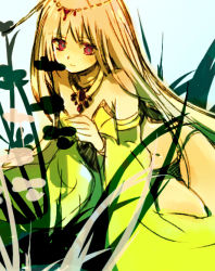 Rule 34 | 1girl, arutopian, bikini, closed mouth, commentary request, cowboy shot, detached sleeves, flower, gem, grass, gypsy (ragnarok online), jewelry, long hair, looking at viewer, navel, necklace, ragnarok online, red eyes, simple background, solo, strapless, strapless bikini, swimsuit, white background, white hair, yellow bikini, yellow sleeves