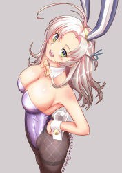 Rule 34 | 1girl, antenna hair, black pantyhose, breasts, cleavage, dated, detached collar, from above, gradient background, green eyes, grey background, grey hair, hair tie, kantai collection, kinugasa (kancolle), kinugasa kai ni (kancolle), leotard, looking at viewer, looking up, medium breasts, moke ro, one side up, pantyhose, playboy bunny, rabbit tail, solo