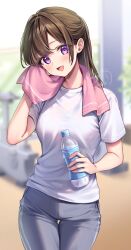 Rule 34 | 1girl, alternate costume, amagi shino, artist name, blurry, blurry background, blush, bottle, breasts, brown hair, commentary request, cowboy shot, grey pants, gym pants, gym shirt, highres, holding, holding bottle, long hair, looking at viewer, medium breasts, open mouth, original, pants, parted bangs, plastic bottle, purple eyes, receptionist girl (amagi shino), shirt, short sleeves, signature, smile, solo, thigh gap, water bottle, white shirt, wiping sweat