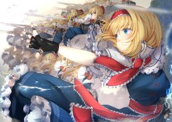 Rule 34 | 1girl, alice margatroid, bad id, bad pixiv id, bare arms, black gloves, blonde hair, blue dress, blue eyes, bow, capelet, closed mouth, commentary request, dress, expressionless, fingerless gloves, gloves, hair bow, hairband, highres, magic, miri (miri0xl), outdoors, outstretched arm, red bow, red ribbon, ribbon, shanghai doll, short sleeves, solo, string, sword, touhou, weapon, wind