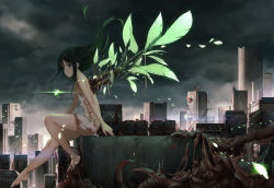 Rule 34 | 1girl, absurdres, backless dress, backless outfit, backlighting, bare arms, bare legs, bare shoulders, barefoot, black hair, blood, blood on clothes, breasts, building, cg (2686805355), city, cloud, cloudy sky, commentary request, dress, floating hair, from side, full body, glowing, green eyes, green wings, highres, leaf, long hair, looking at viewer, looking to the side, outdoors, saya (saya no uta), saya no uta, sideboob, sitting, sky, small breasts, solo, torn clothes, torn dress, white dress, wind, wings