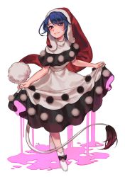 Rule 34 | 1girl, absurdres, bare arms, black bow, black dress, blue eyes, blue hair, bow, cape, clothes lift, doremy sweet, dress, dress lift, full body, hat, highres, lifting own clothes, looking at viewer, nightcap, pom pom (clothes), shan, short hair, simple background, smile, socks, solo, standing, tail, tapir tail, touhou, turtleneck, white background, white socks