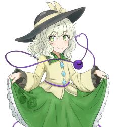 Rule 34 | 1girl, black hat, blouse, blush, bow, closed mouth, commentary request, cowboy shot, eyeball, flat chest, floral print, frills, goto tsukasa, green eyes, green skirt, hat, hat bow, heart, heart of string, holding, holding clothes, holding skirt, komeiji koishi, light green hair, looking at viewer, medium hair, petticoat, shirt, simple background, skirt, smile, solo, third eye, touhou, white background, yellow bow, yellow shirt