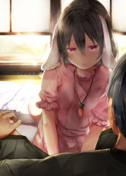 Rule 34 | 1boy, 1girl, animal ears, black hair, black kimono, blush, carrot necklace, closed mouth, commentary request, dress, floppy ears, frilled sleeves, frills, full body, hair between eyes, head out of frame, hetero, highres, inaba tewi, indoors, japanese clothes, jewelry, kimono, looking at another, necklace, no shoes, panties, pendant, pink dress, puffy short sleeves, puffy sleeves, rabbit ears, red eyes, short hair, short sleeves, smile, sugiyuu, tatami, thighhighs, touhou, underwear, white panties, white thighhighs