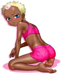 Rule 34 | 1girl, bare arms, bare shoulders, barefoot, blonde hair, blue eyes, blush, boro, chat (tales), closed mouth, commentary request, dark-skinned female, dark skin, feet, forehead, looking at viewer, pink shirt, pink shorts, shirt, short hair, shorts, soles, solo, sweatdrop, tales of (series), tales of eternia, tank top, toes, very short hair