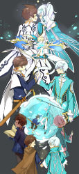 Rule 34 | 10s, 2boys, age progression, bishounen, book, brown hair, cape, cloak, highres, kamui (tales of zestiria), male focus, mikleo (tales), multiple boys, official alternate costume, ponytail, purple eyes, short hair, smile, sorey (tales), staff, sword, tales of (series), tales of zestiria, weapon, white hair, yanzhan