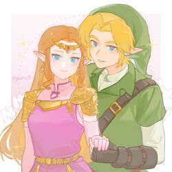 Rule 34 | 1boy, 1girl, armor, black gloves, blue eyes, closed mouth, commentary request, dress, ear piercing, earrings, elbow gloves, fingerless gloves, gloves, green headwear, green tunic, grin, hat, height difference, highres, holding hands, jewelry, link, long hair, looking at viewer, nintendo, parted bangs, pauldrons, piercing, pink dress, pink gloves, princess zelda, short hair, shoulder armor, smile, the legend of zelda, the legend of zelda: ocarina of time, triforce earrings, tunic, twitter username, yun (dl2n5c7kbh8ihcx)