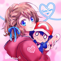 Rule 34 | 1girl, ash ketchum, blonde hair, blue eyes, blue ribbon, blush, bow, braid, character doll, creatures (company), cropped torso, doll, hugging doll, from side, game freak, hair ribbon, hat, hatsuru 826, heart, highres, hood, hoodie, looking at viewer, nintendo, hugging object, pink background, pokemon, pokemon (anime), pokemon xy (anime), red hoodie, ribbon, serena (pokemon), short hair, smile, solo, upper body