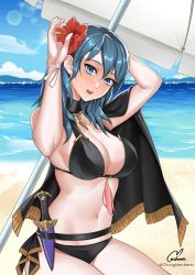 Rule 34 | 1girl, arms up, beach, beach umbrella, bikini, black bikini, blue eyes, blue hair, blue sky, breasts, byleth (female) (fire emblem), byleth (female) (summer) (fire emblem), byleth (fire emblem), chungmechanic, cleavage, dagger, day, fire emblem, fire emblem: three houses, fire emblem heroes, flower, hair flower, hair ornament, highres, knife, large breasts, looking at viewer, navel, nintendo, official alternate costume, open mouth, outdoors, sheath, sheathed, sky, solo, standing, swimsuit, twitter username, umbrella, water, weapon