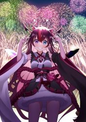 Rule 34 | 1girl, ahoge, blue eyes, detached sleeves, detached wings, fireworks, frilled skirt, frills, heterochromia, highres, hololive, hololive english, horns, irys (hololive), japanese clothes, kimono, nail polish, night, piyopoyo, pointy ears, purple eyes, purple hair, purple nails, skirt, virtual youtuber, wide sleeves, wings