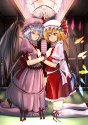 Rule 34 | 2girls, bad id, bad pixiv id, bat wings, blonde hair, female focus, flandre scarlet, hands on another&#039;s chest, hat, multiple girls, ponytail, raybar, red eyes, remilia scarlet, short hair, siblings, side ponytail, silver hair, sisters, touhou, wings