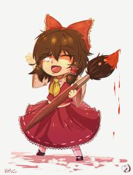 Rule 34 | 1girl, ;d, art brush, bow, brown hair, chibi, detached sleeves, dripping, fly-gray, full body, grey background, hair bow, hair tubes, hakurei reimu, japanese clothes, jpeg artifacts, looking at viewer, miko, one eye closed, open mouth, oversized object, paint, paintbrush, red eyes, shaded face, simple background, smile, solo, touhou, white background, wide sleeves