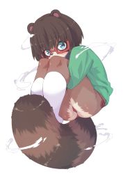 Rule 34 | 1girl, absurdres, animal ears, ass, black hair, blue eyes, covered mouth, furry, furry female, glasses, green sweater, highres, hugging own legs, kneehighs, knees to chest, knees up, legs, no pants, original, panties, raccoon ears, raccoon tail, red panties, short hair, side-tie panties, simple background, socks, solo, sweater, tail, thighs, underwear, white background, white socks, yuuki (yuyuki000)