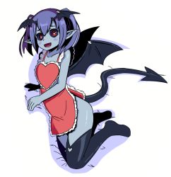 Rule 34 | 1girl, :d, apron, black sclera, black thighhighs, blue skin, colored sclera, colored skin, demon girl, demon tail, demon wings, devil (monster girl encyclopedia), fang, female focus, frilled apron, frills, full body, head wings, heart, heart-shaped pupils, heart apron, looking at viewer, lying, monster girl encyclopedia, monster girl encyclopedia ii, naked apron, nav (itsnav), no shoes, on side, open mouth, petite, pointy ears, purple hair, red apron, red eyes, short hair, simple background, smile, solo, symbol-shaped pupils, tail, thighhighs, twintails, white background, wings