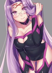 Rule 34 | 1girl, adjusting hair, blush, breasts, cleavage, cleavage cutout, clothing cutout, fate/grand order, fate/stay night, fate (series), glasses, grey background, highres, hip vent, large breasts, leaning forward, long hair, looking at viewer, medusa (fate), medusa (rider) (fate), purple eyes, purple hair, rimless eyewear, sentaku nori, simple background, smile, solo, square pupils