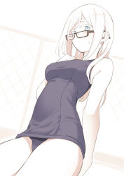 Rule 34 | 1girl, arm at side, asutora, asutora-chan, bare arms, bare shoulders, black-framed eyewear, blue eyes, blue one-piece swimsuit, breasts, closed mouth, commentary, glasses, hand on own chest, long hair, looking at viewer, medium breasts, mole, mole under eye, old school swimsuit, one-piece swimsuit, original, school swimsuit, solo, sweatdrop, swimsuit, thighs, white hair, white headwear